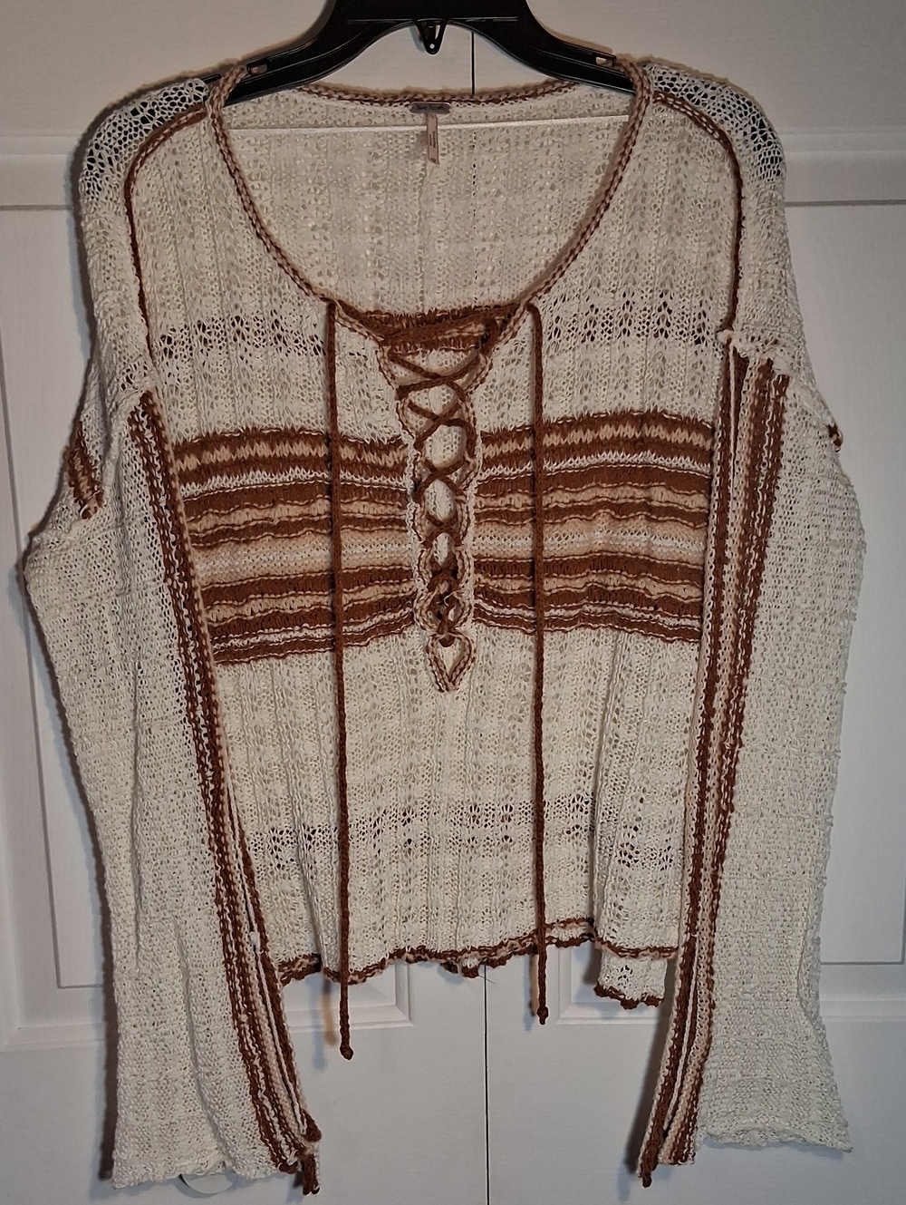 Free People Cream Knit V-Neck Sweater with Brown Stripes